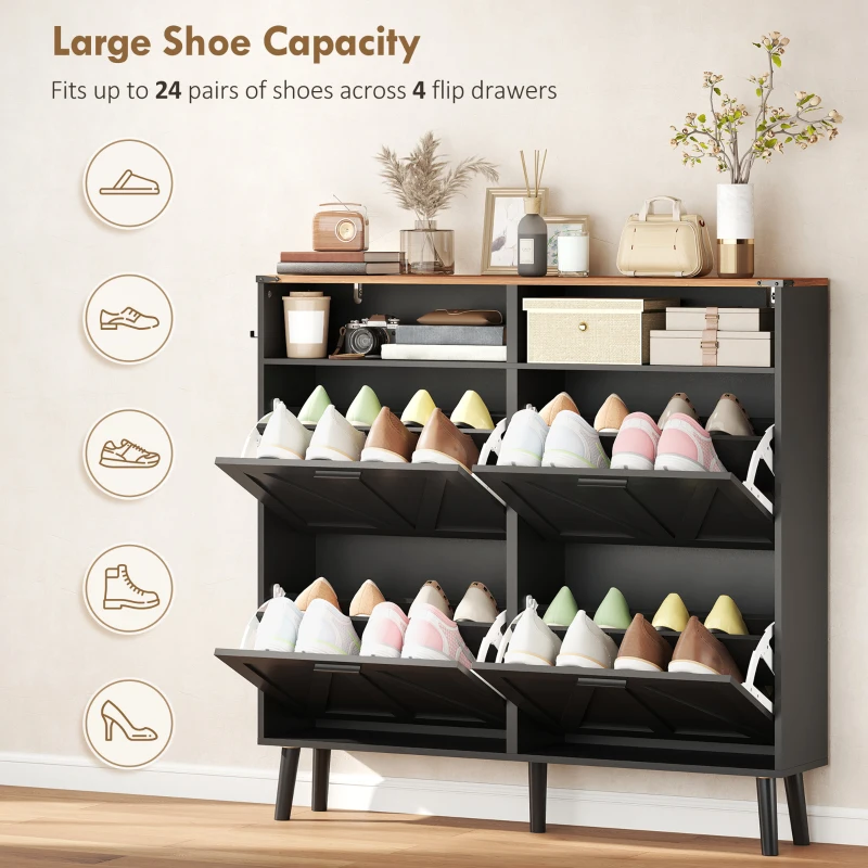 HOMCOM Shoe Storage Cabinet with 4 Flip Drawers, Farmhouse Narrow Shoe Cabinet, Holds Up to 24 Pairs, Black