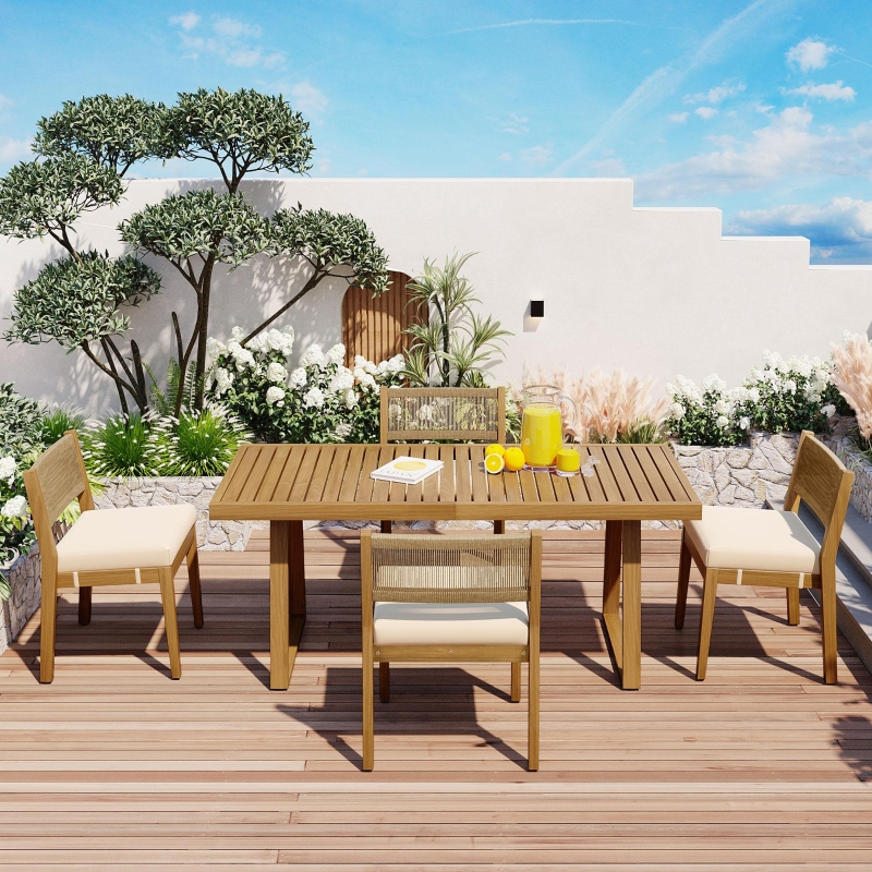 Outdoor Dining Set with HDPE Chair Backs and Foam Cushions, Multi-Person Patio Set for Balcony and Garden, 63'' L x 31.5'' W x 32.5'' H, Beige