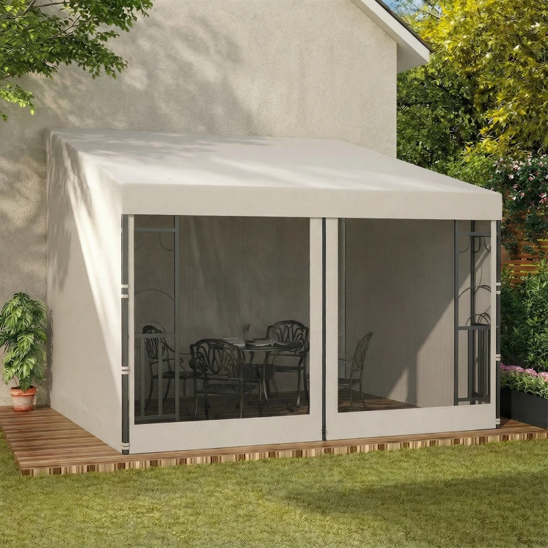 Outsunny 10' x 10' Wall Pergola, Outdoor Gazebo with 2 Curtains and 2 Nettings, UV Resistant, for Patio, Deck, Beige