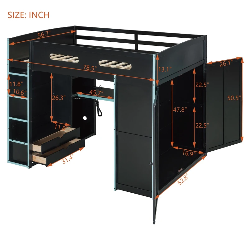 Full Size Wood Loft Bed with USB Port and Ample Storage, Gamer-Inspired Bed Frame with Built-In Desk, 78.5'' L x 56.5'' W x 65'' H, Blue