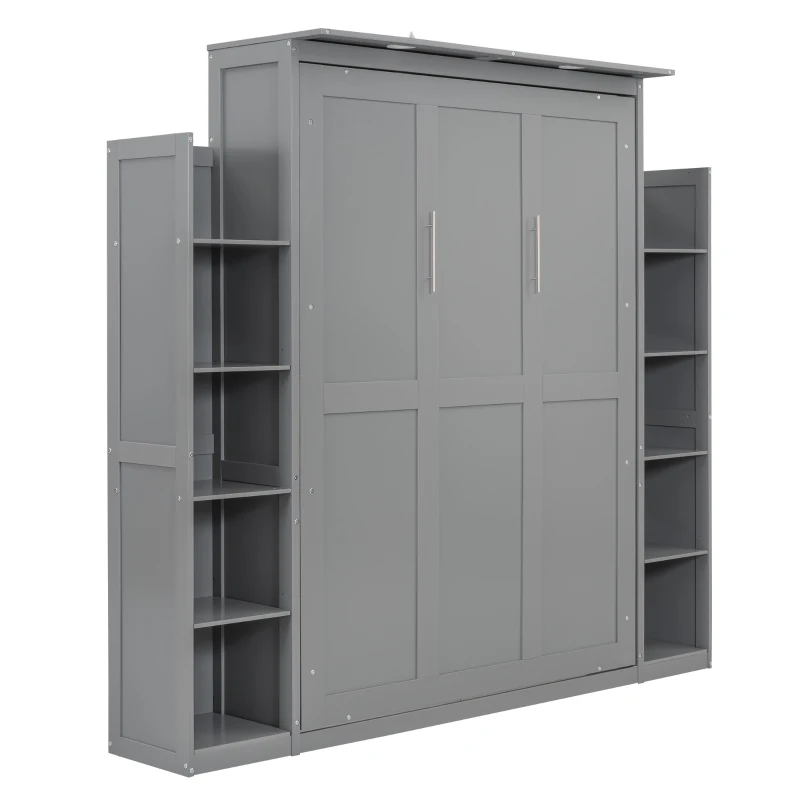 Full Size Murphy Bed with Shelves, LED Lights, Space-Saving Wall Bed with Flexible Slats, Dual Piston Mechanism, 91" L x 81" W x 84" H, Grey