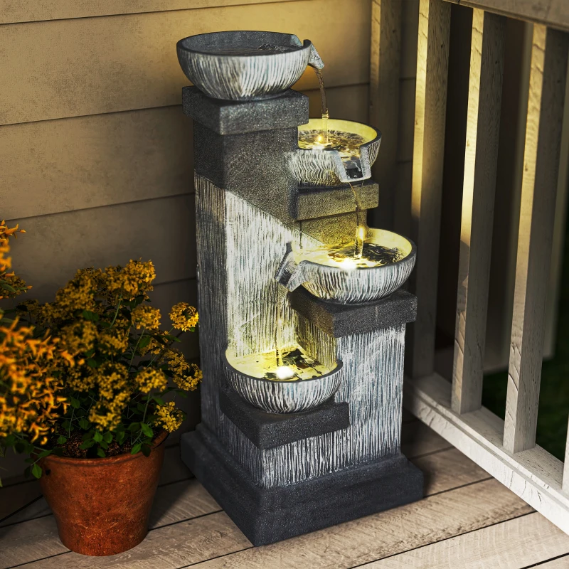 Outsunny 33.5" Water Fountain, 4-Tier Resin Cascading Bowls Outdoor Waterfall Fountain with LED Lights, Pump