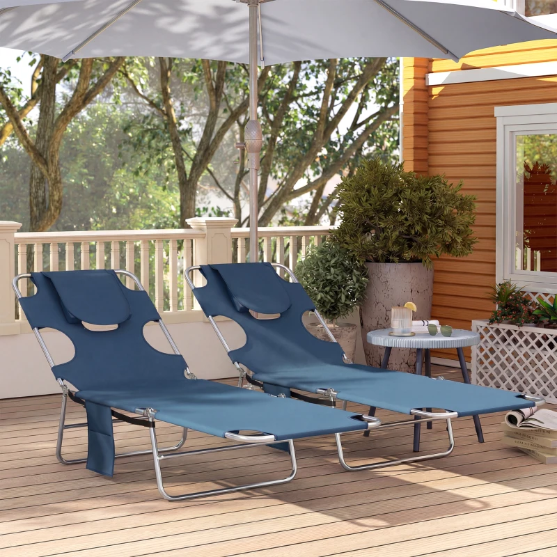 Outsunny 2 Tanning Chairs with Face Hole, 5-Level Adjustable Outdoor Chaise Lounge Chair with Pillow for Beach, Pool, Dark Blue