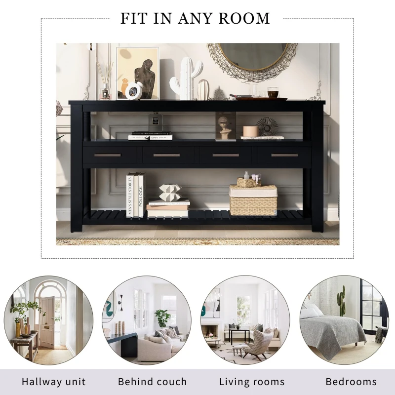 Large Entryway Console with 4 Drawers and 3-Tier Shelves, Sturdy Table with Metal Handlesand Adjustable Feet, 62'' L x 14'' W x 32'' H, Black