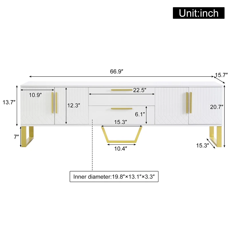 Modern TV Cabinet with Centre Drawers and Internal Shelves, Floor-Standing Console with Cable Management, 67'' L x 15.5'' W x 20.5'' H, White