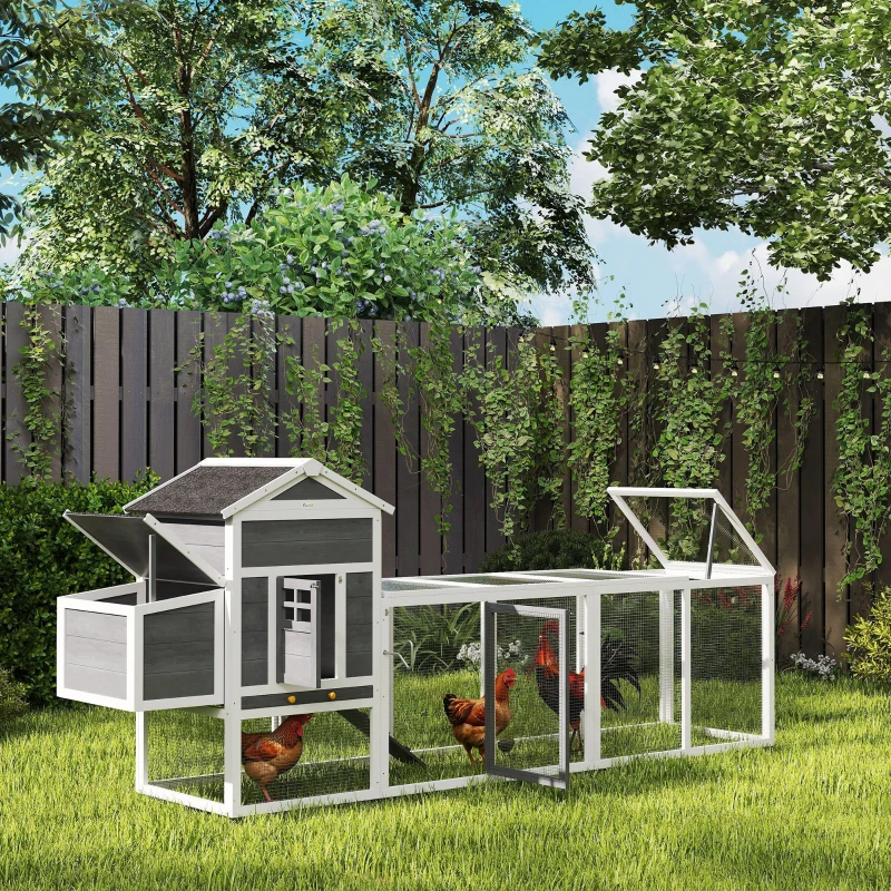 PawHut 117" Extra Large Chicken Coop with Asphalt Roof, Wooden Hen House with Slide-out Tray, Quail Hutch with Nesting Box, Grey