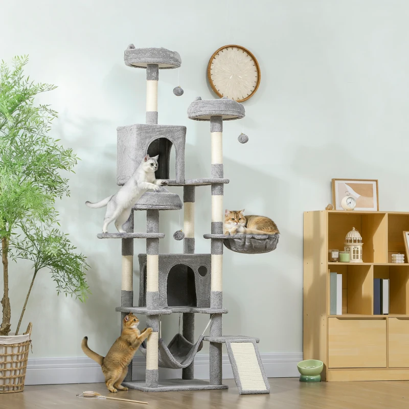 PawHut 76" Large Cat Tree for Indoor Cats with 8 Scratching Posts, 3 Plush Beds, 2 Hammocks, 2 Large Condos, Ramp, Light Grey