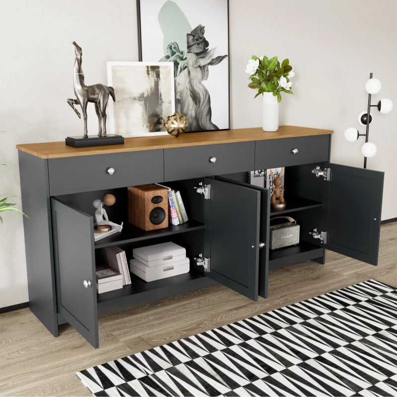 Modern Sideboard Buffet Cabinet with 3 Drawers & 4 Doors, Rustic Storage with Adjustable Shelves, 55'' L x 14.5'' W x 29.5'' H, Gray+Wood