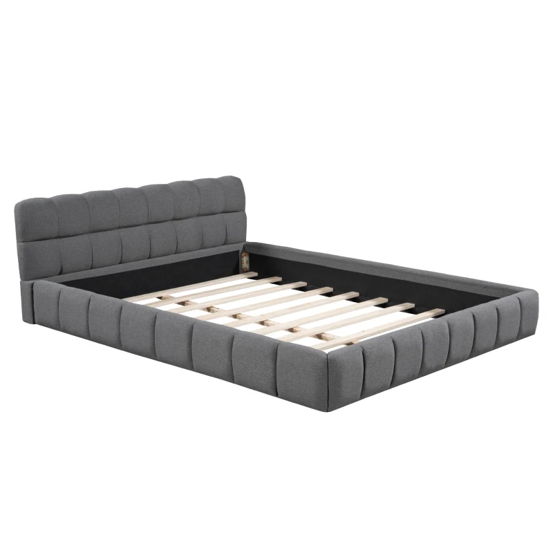 Queen Size Upholstered Bed with Grounded Solid Plywood & MDF Frame, Sturdy Bedboard with Wooden Slats, 87.5'' L x 66.5'' W x 23.5'' H, Gray