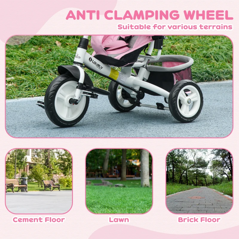 Qaba 6 in 1 Tricycle for Toddler 1-5 Years with Parent-Push Handle, Pink