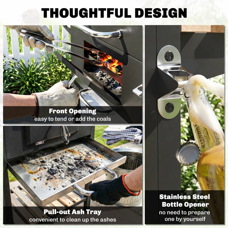 Outsunny 20" Charcoal BBQ Grill Barbecue on Wheels with Adjustable Charcoal Pan, Spacious Cooking Area, 3 Shelves, Thermometer