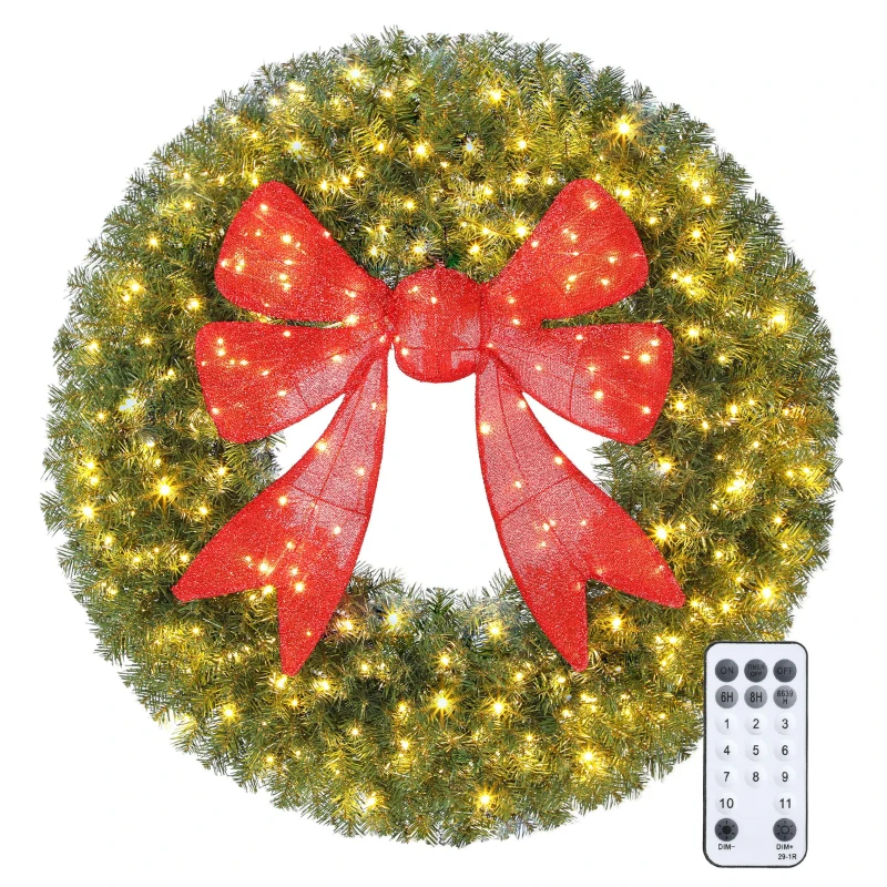 HOMCOM 60in Pre-Lit Christmas Wreath with 3D Red Bow, 11 Lighting Modes, Front Door Christmas Wreath with Remote