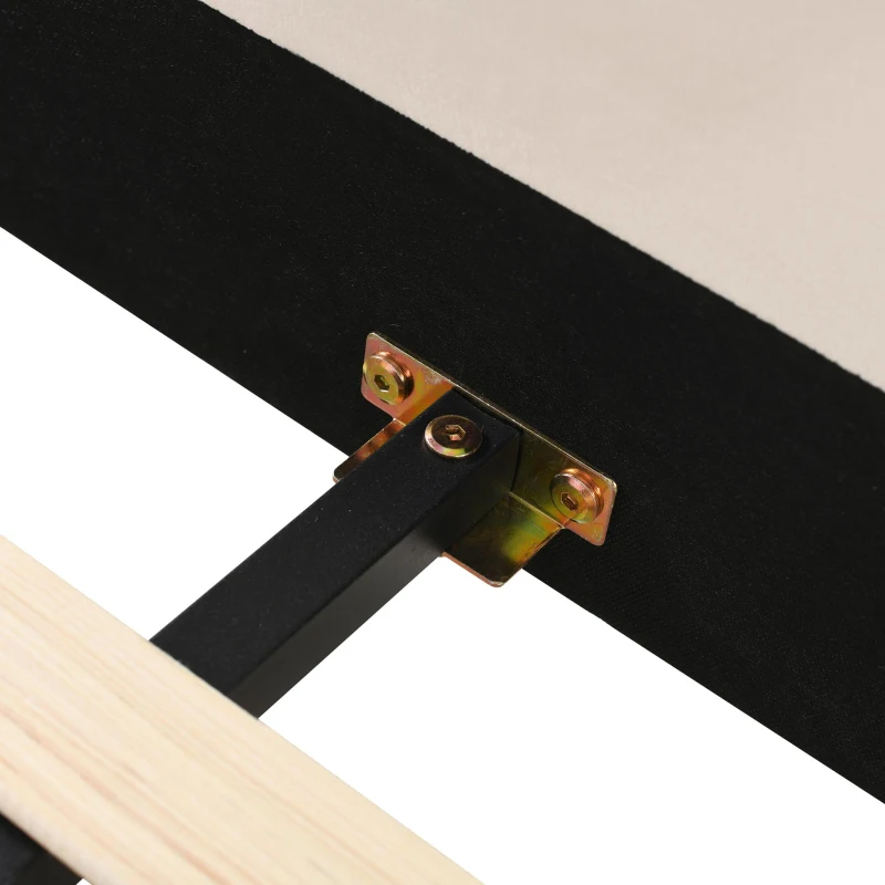 Queen Size Upholstered Bed with Built-In Bedside Desk and Round Stool, Solid Bedboard with Sturdy MDF Frame, 85'' L x 73'' W x 29'' H, Beige