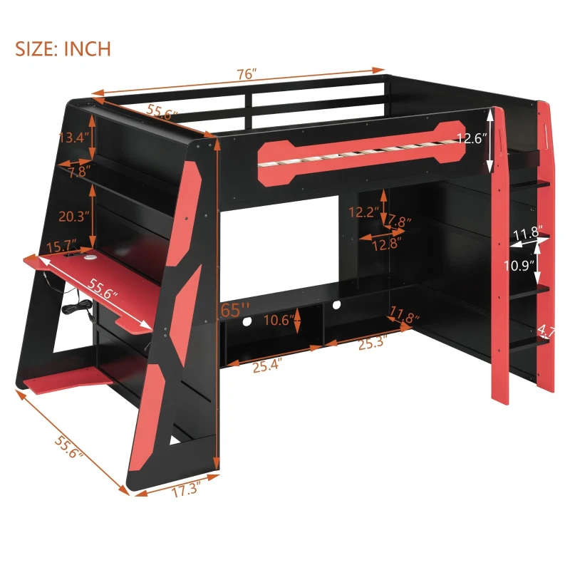 Full Size Wood Loft Bed with Multi-Tier Storage Shelves, Esports-Style Bed Frame with Integrated Side Desk, 93.5'' L x 55.5'' W x 65'' H, Red