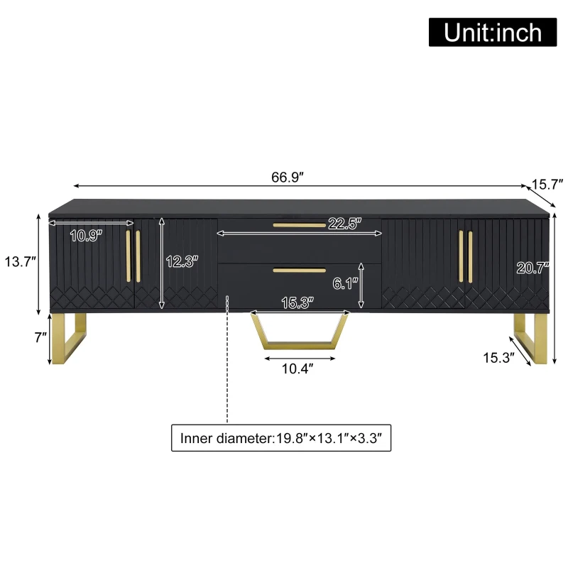 Modern TV Cabinet with Centre Drawers and Internal Shelves, Floor-Standing Console with Cable Management, 67'' L x 15.5'' W x 20.5'' H, Black