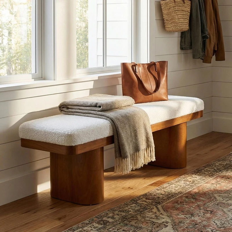 End-of-Bed Bench with Velvet Upholstery and High‑Density Foam Seat, Modern Ottoman with Rubberwood Legs, 47'' L x 17'' W x 17'' H, Walnut