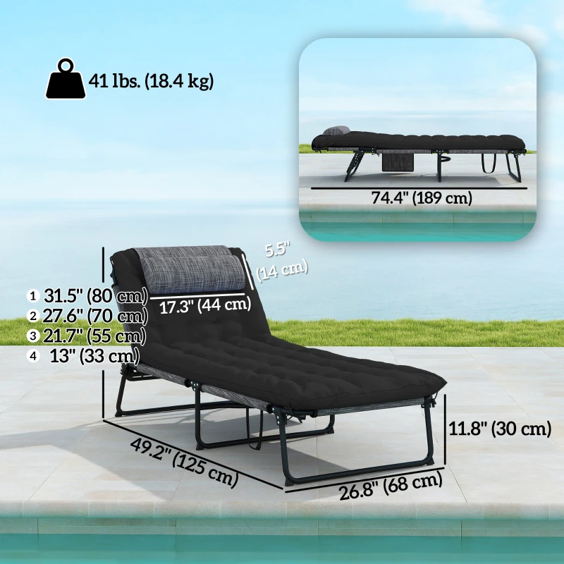 Outsunny 2-Piece Folding Lounge Chairs with Adjustable Backrest, Tanning Chair with Cushion, Side Pocket, Headrest, Black