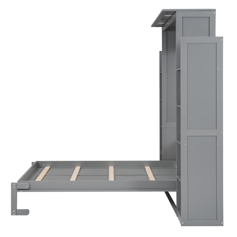 Full Size Murphy Bed with Shelves, LED Lights, Space-Saving Wall Bed with Flexible Slats, Dual Piston Mechanism, 91" L x 81" W x 84" H, Grey