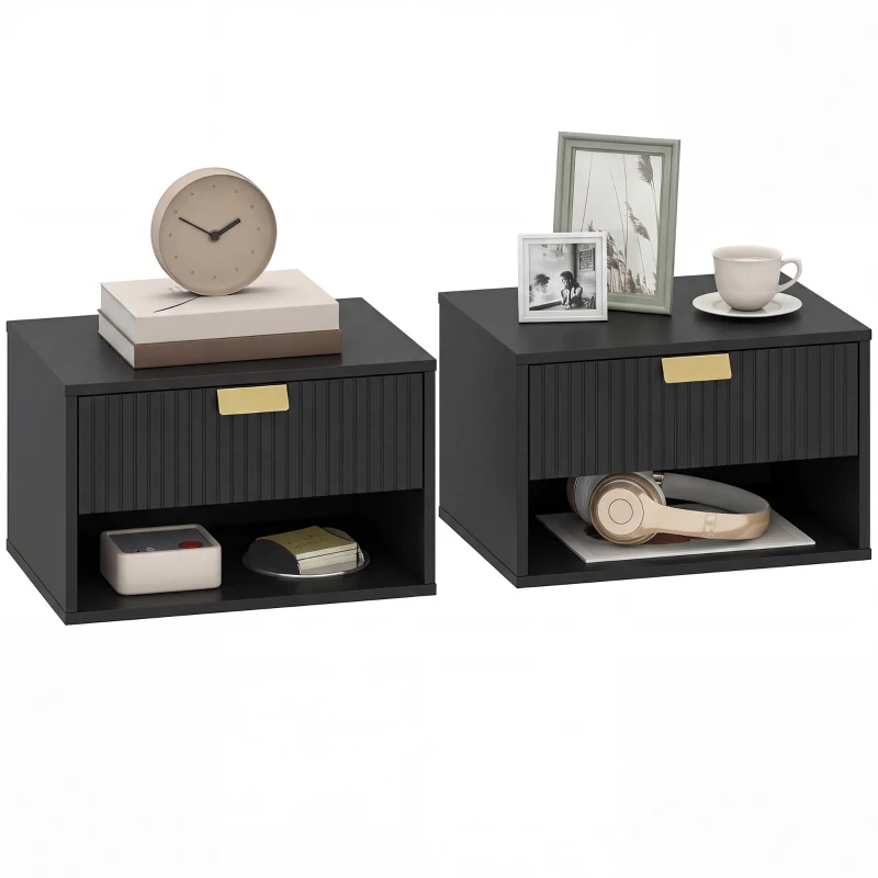 HOMCOM Set of 2 Wall Mounted Bedside Tables, Floating Nightstands with Fluted Drawer and Open Shelf for Bedroom, Black