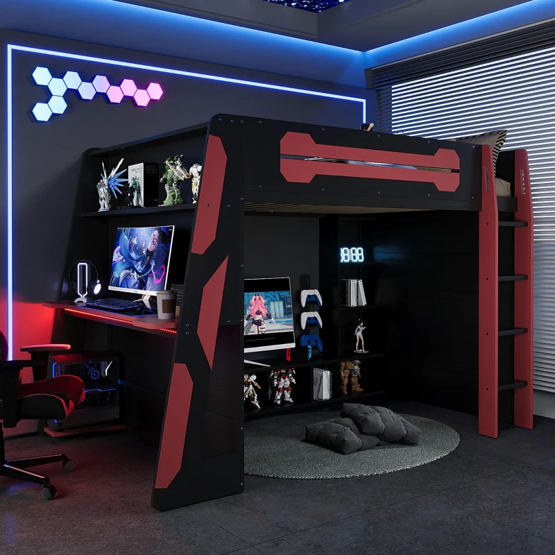 Full Size Wood Loft Bed with Multi-Tier Storage Shelves, Esports-Style Bed Frame with Integrated Side Desk, 93.5'' L x 55.5'' W x 65'' H, Red
