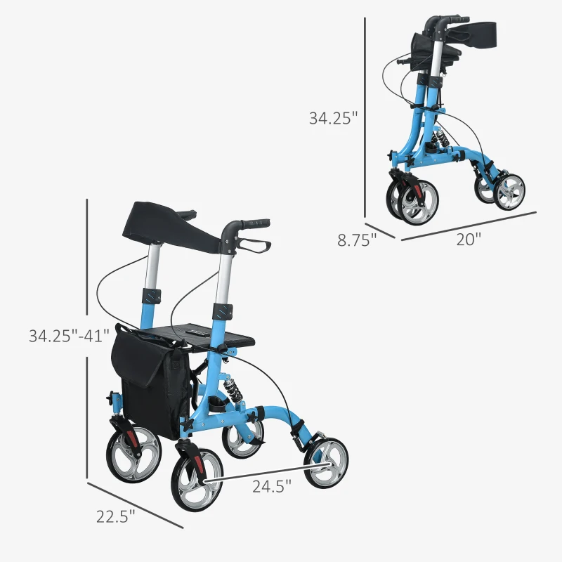 HOMCOM Rollator Walker with Seat and Backrest, Height Adjustable Aluminum Rolling Walker with 10'' Front Wheels, Storage Bag, Lightweight Mobility Walking Aid for Seniors, Adults, 300lb Capacity, Blue