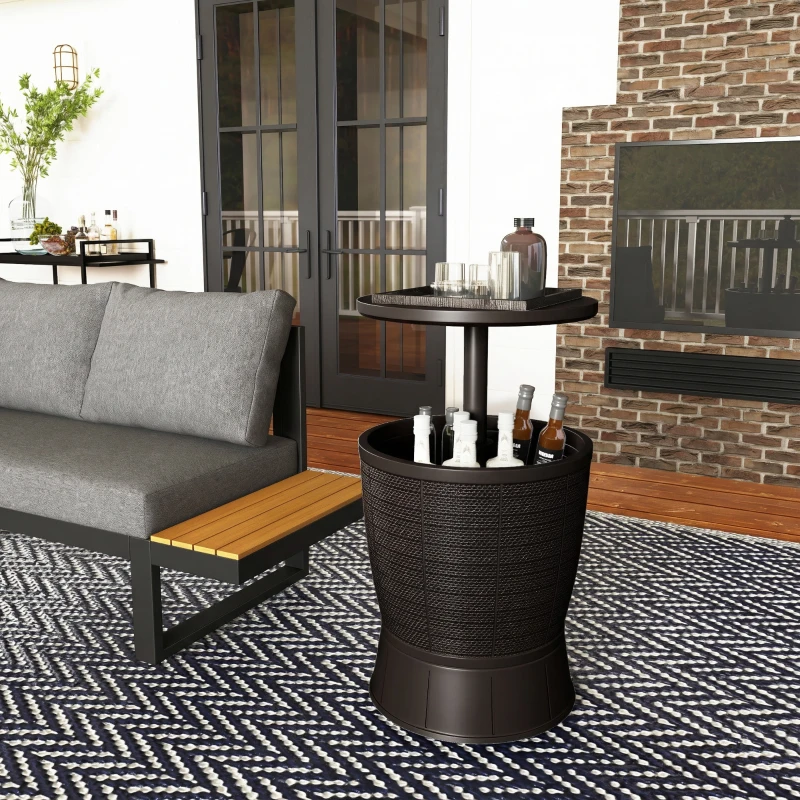 Outsunny 11 Gallon Patio Cooler Side Table, Outdoor Cooler Bar Table with Height Adjustable Top, Drainage Plug, Brown