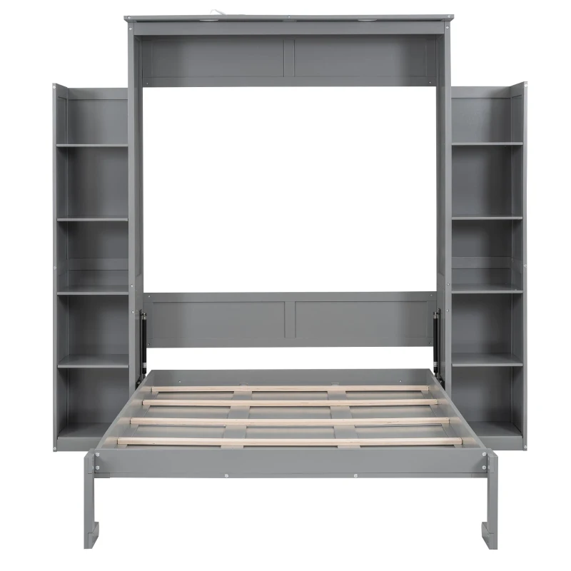 Full Size Murphy Bed with Shelves, LED Lights, Space-Saving Wall Bed with Flexible Slats, Dual Piston Mechanism, 91" L x 81" W x 84" H, Grey