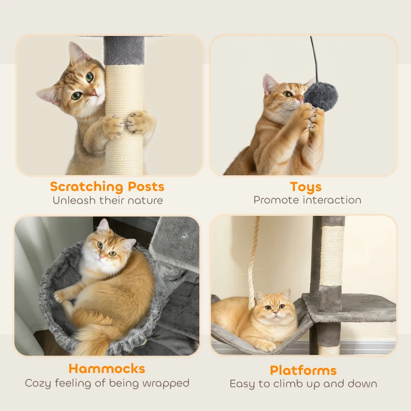 PawHut Multi-Level Cat Tower, 80" Tall Cat Tree, with 2 Condos, 2 Hammocks, 6 Sisal Scratching Posts, Dark Gray