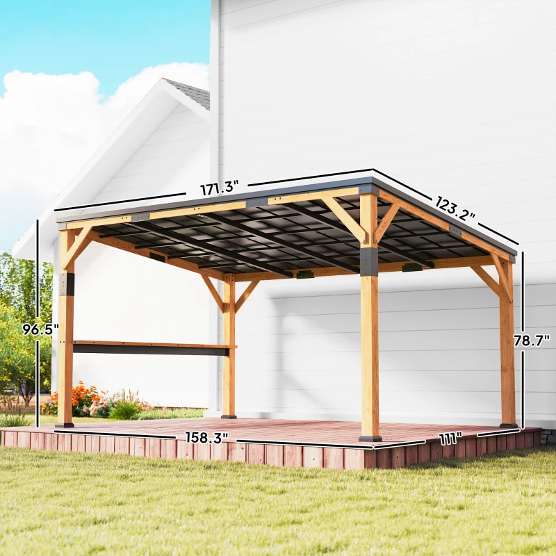 Outsunny 10' x 14' Wooden Gazebo, Hardtop Lean-to Gazebo Pergola with Galvanized Steel Sloped Roof, Bar Shelf, Natural Wood
