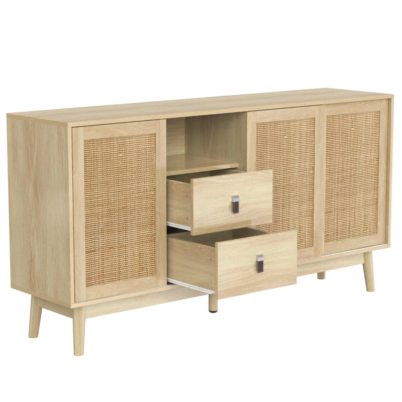 Versatile Sideboard with 3 Sliding Doors and 2 Drawers for Large Storage, Sturdy Cabinet with Solid Wood Legs, 61'' L x 14'' W x 31.5'' H, Wood
