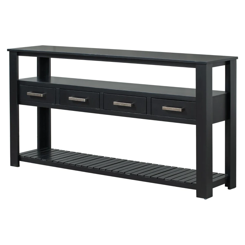 Large Entryway Console with 4 Drawers and 3-Tier Shelves, Sturdy Table with Metal Handlesand Adjustable Feet, 62'' L x 14'' W x 32'' H, Black
