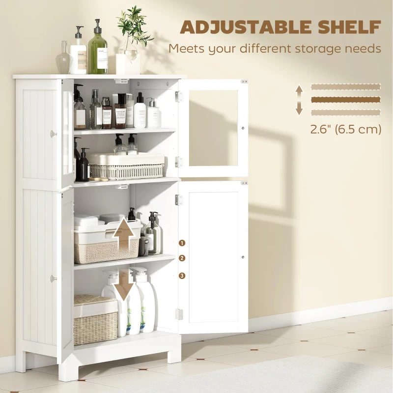 kleankin Bathroom Floor Storage Cabinet with Tempered Glass Doors and Adjustable Shelf, Kitchen Cupboard, Free Standing Organizer for Living Room Entryway, White