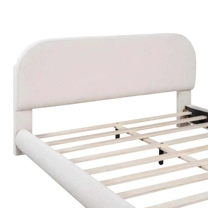 Queen Size Upholstered Platform Bed with Curved Headboard and Footboard, Solid Bedboard with Wooden Slats, 86.5'' L x 67'' W x 37'' H, Beige