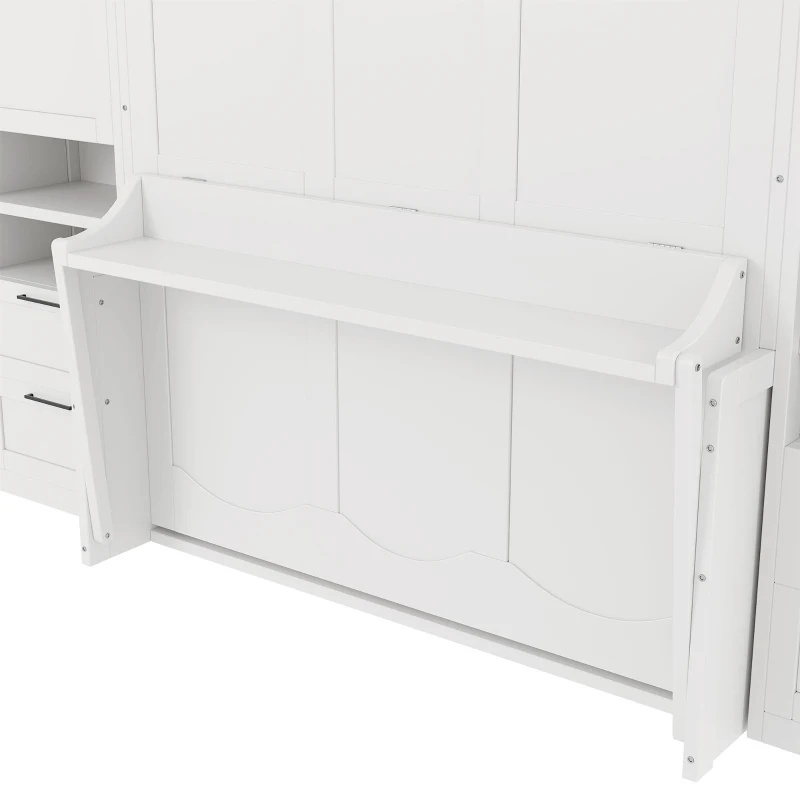 Queen Size Murphy Wall Bed with Built‑in Wardrobes, Drawers, Space‑Saving Bed with Integrated Storage, 113.5'' L x 16.5'' W x 87'' H, White