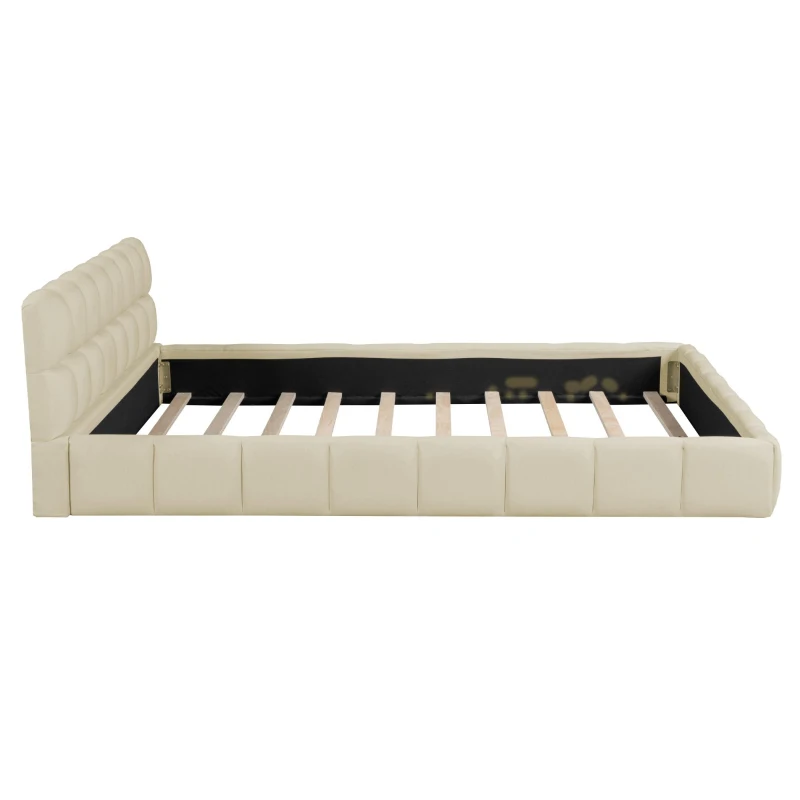 Queen Size Upholstered Bed with MDF & Particleboard Frame, Low-Profile Grounded Bed with Wooden Slats, 87.5'' L x 66.5'' W x 23.5'' H, Beige