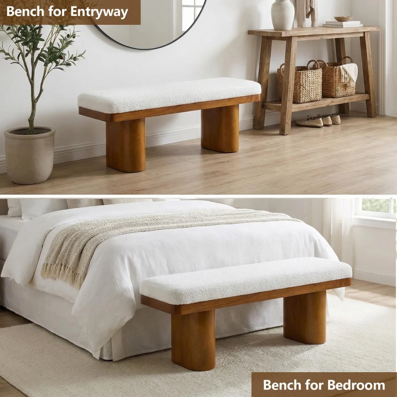 End-of-Bed Bench with Velvet Upholstery and High‑Density Foam Seat, Modern Ottoman with Rubberwood Legs, 47'' L x 17'' W x 17'' H, Walnut