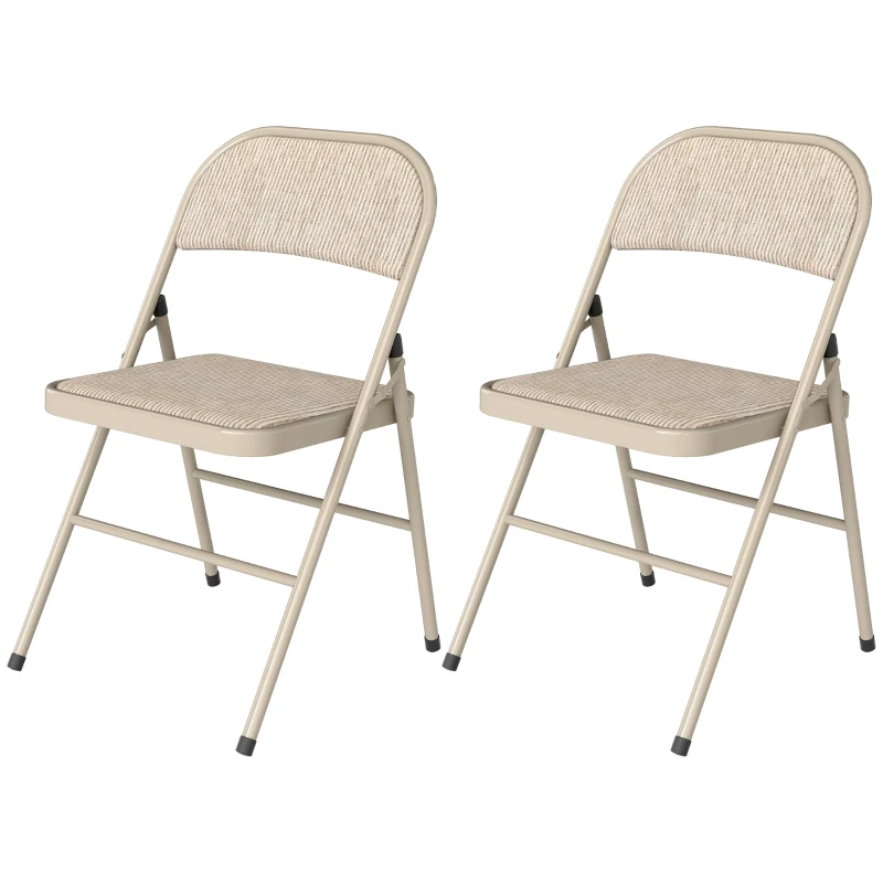 HOMCOM Set of 2 Metal Foldable Chairs, Linen Fabric Padded Folding Chairs with Cushion Seat and Open Back for Indoor, Beige