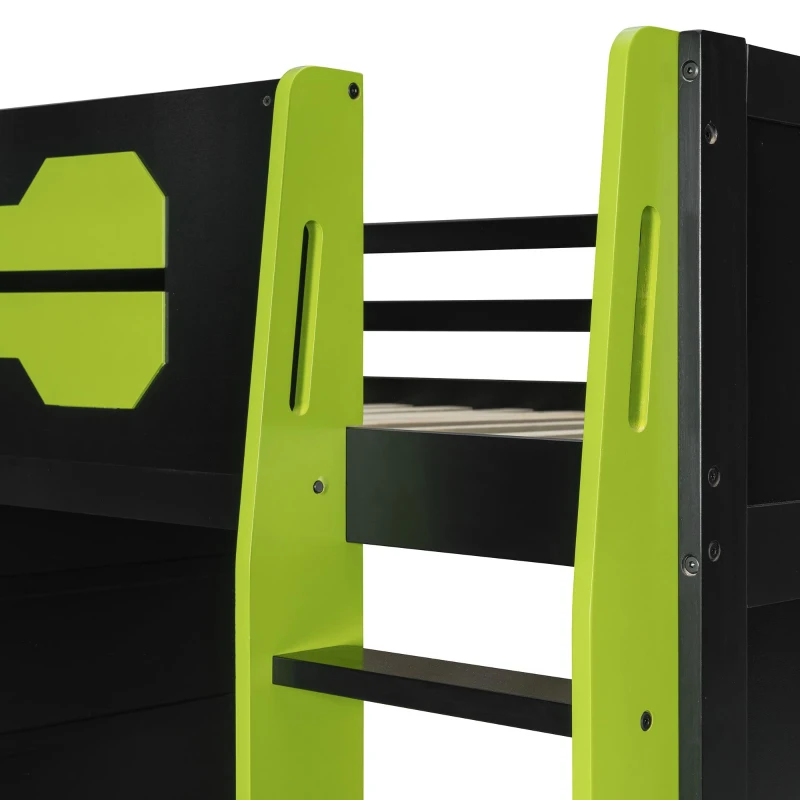 Full Size Wood Loft Bed with Under-Bed Console Storage, Esports-Style Bed Frame with Integrated Work Desk, 93.5'' L x 55.5'' W x 65'' H, Green