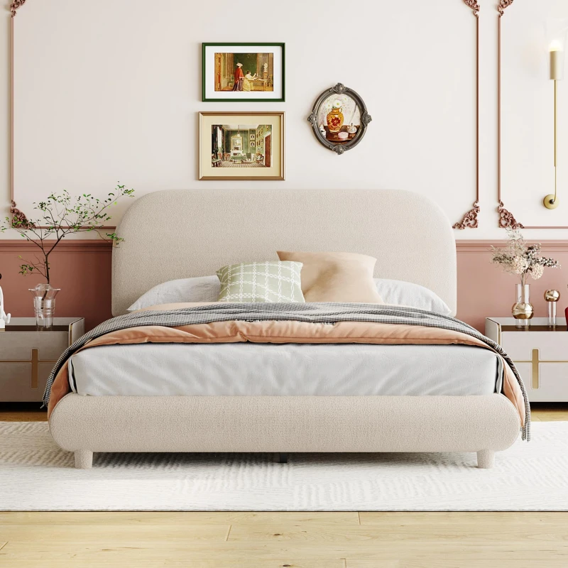 Full Size Upholstered Bed with Curved Headboard and Footboard, Sturdy Bedboard with Plywood & MDF Frame, 80.5'' L x 60'' W x 37'' H, Beige