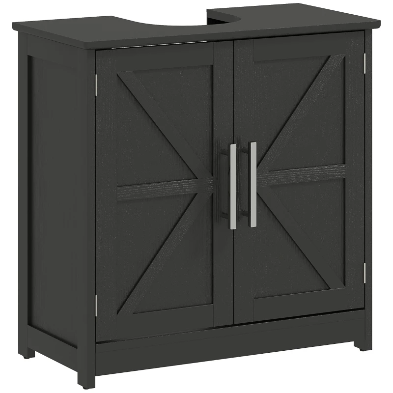 HOMCOM Farmhouse Pedestal Sink Storage Cabinet, Bathroom Sink Cabinet with 2 Barn Doors and Adjustable Shelf, Distressed Black