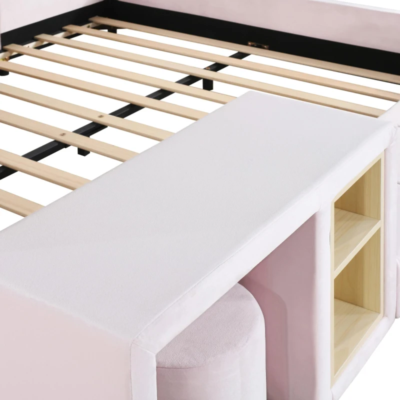 Full Size Upholstered Bed with Built-in Bedside Desk and Round Stool, Solid Bedboard with Plywood & MDF Frame, 80'' L x 68'' W x 29'' H, Pink