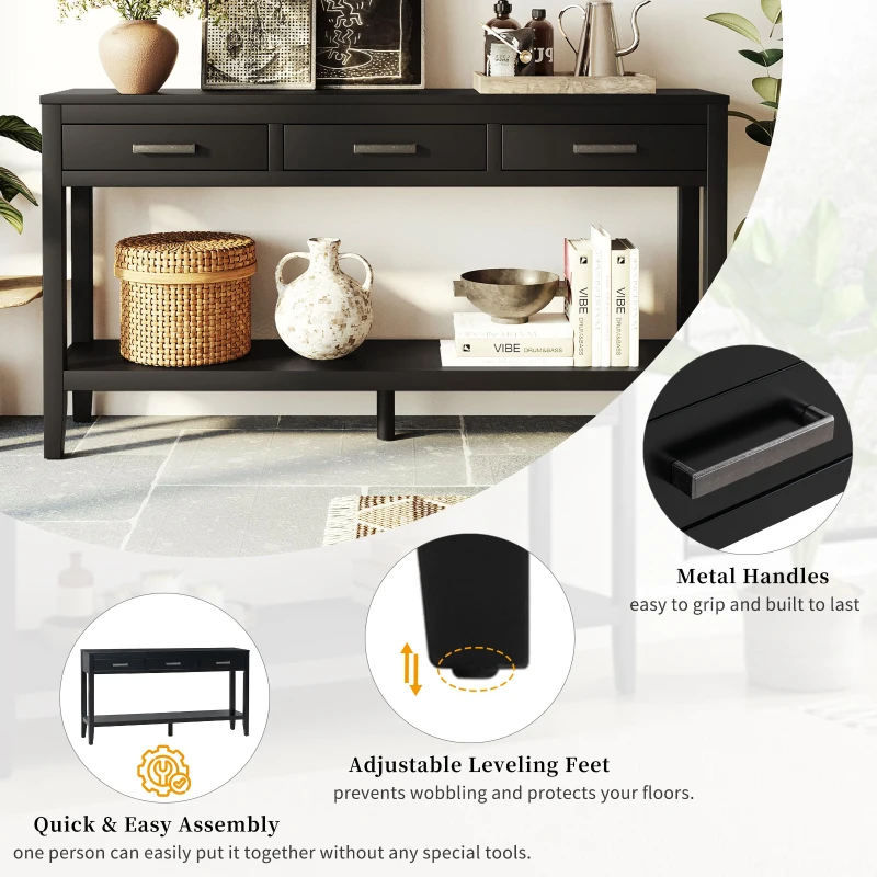 Farmhouse Entryway Table with Wide Top and Open Bottom Shelf, Minimalist Console with Adjustable Feet, 59'' L x 14'' W x 31.5'' H, Black