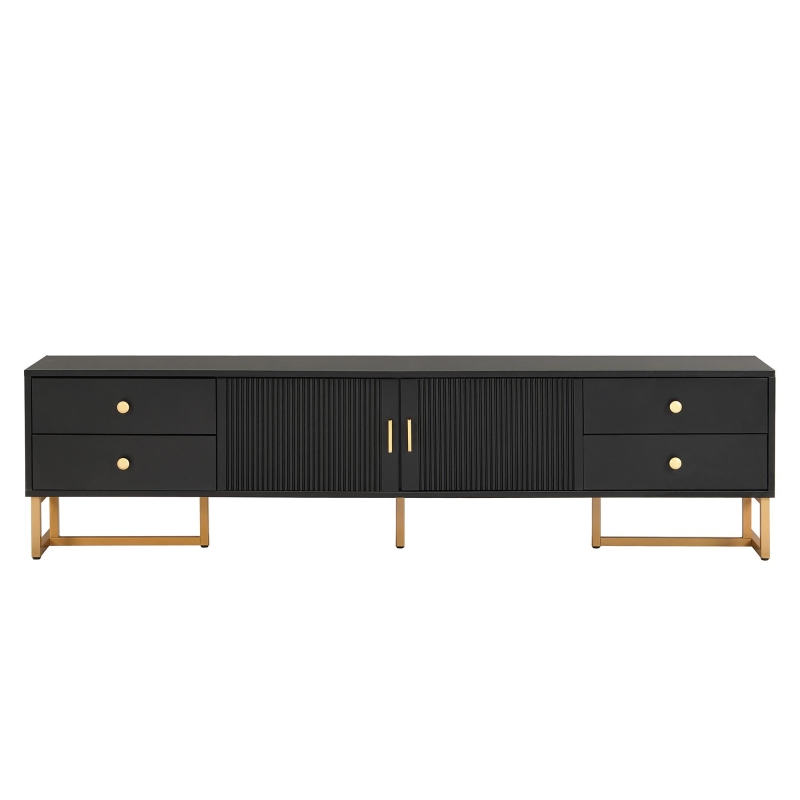 Modern TV Cabinet with Textured Doors, 4 Drawers & 2 Cabinets, Solid TV Stand with Metal Handles and Legs, 69'' L x 12'' W x 17.5'' H, Black