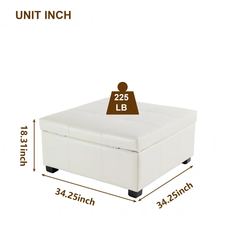 Large Square Ottoman with Upholstered PU Leather and High‑Density Foam, Modern Coffee Table with Storage, 34'' L x 34'' W x 18.5'' H, Beige