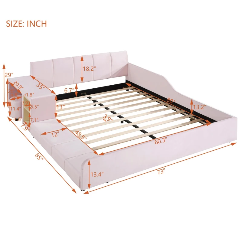 Queen Size Upholstered Platform Bed with Bedside Desk and Round Stool, Low-Profile Bed with Safety Rails, 85'' L x 73'' W x 29'' H, Pink