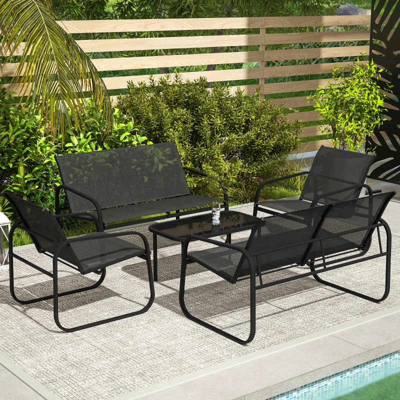 Outsunny 4 Piece Patio Furniture Set, Outdoor Conversation Set with 2 Loveseats, 2 Armchairs, Glass-Top Table, Black