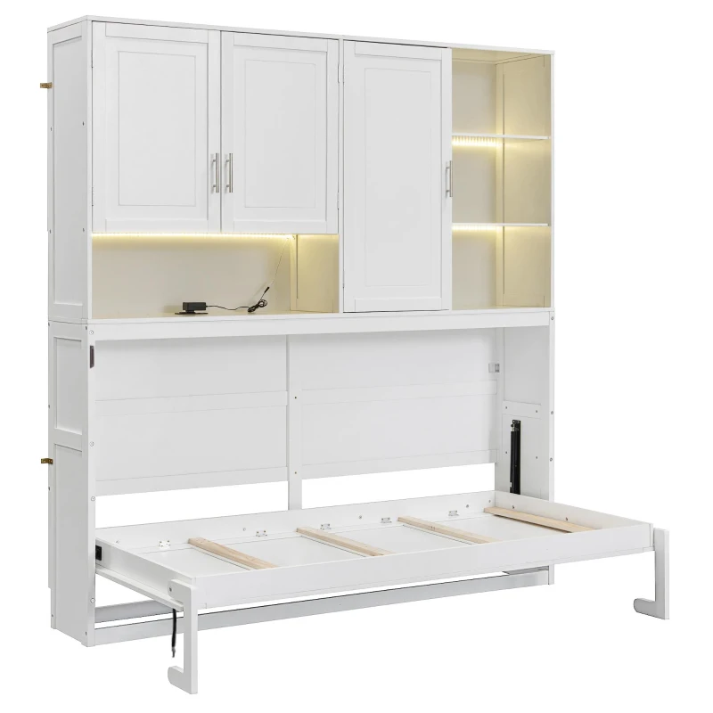 Twin Size Wall Murphy Bed with Built-in Light and Dual-Piston Lift, Space-Saving Foldable Bed with Top Cabinet, 83'' L x 15.5'' W x 90.5'' H, White