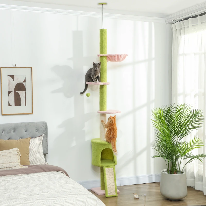 PawHut 87"-94.5" Floor to Ceiling Cat Tree with Sisal Scratching Post, Condo, Hammock, Ramp, Perches, Green