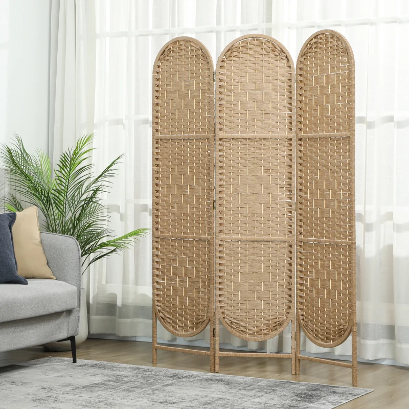 HOMCOM Bohemian Privacy Screen, Folding Room Divider with 3 Panels and Arched Top for Bedroom Living Room Office, Natural Wood