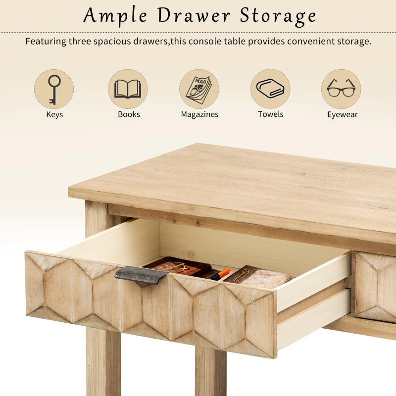 Modern Entryway Table with Bottom Open Shelf and Iron Handles, Multi-Functional Console with Wide Surface, 60'' L x 15.5'' W x 31'' H, Natural